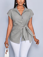 Fashion Batwing Sleeve Waist Tie Striped Shirt Office Home Date Outfit - Black