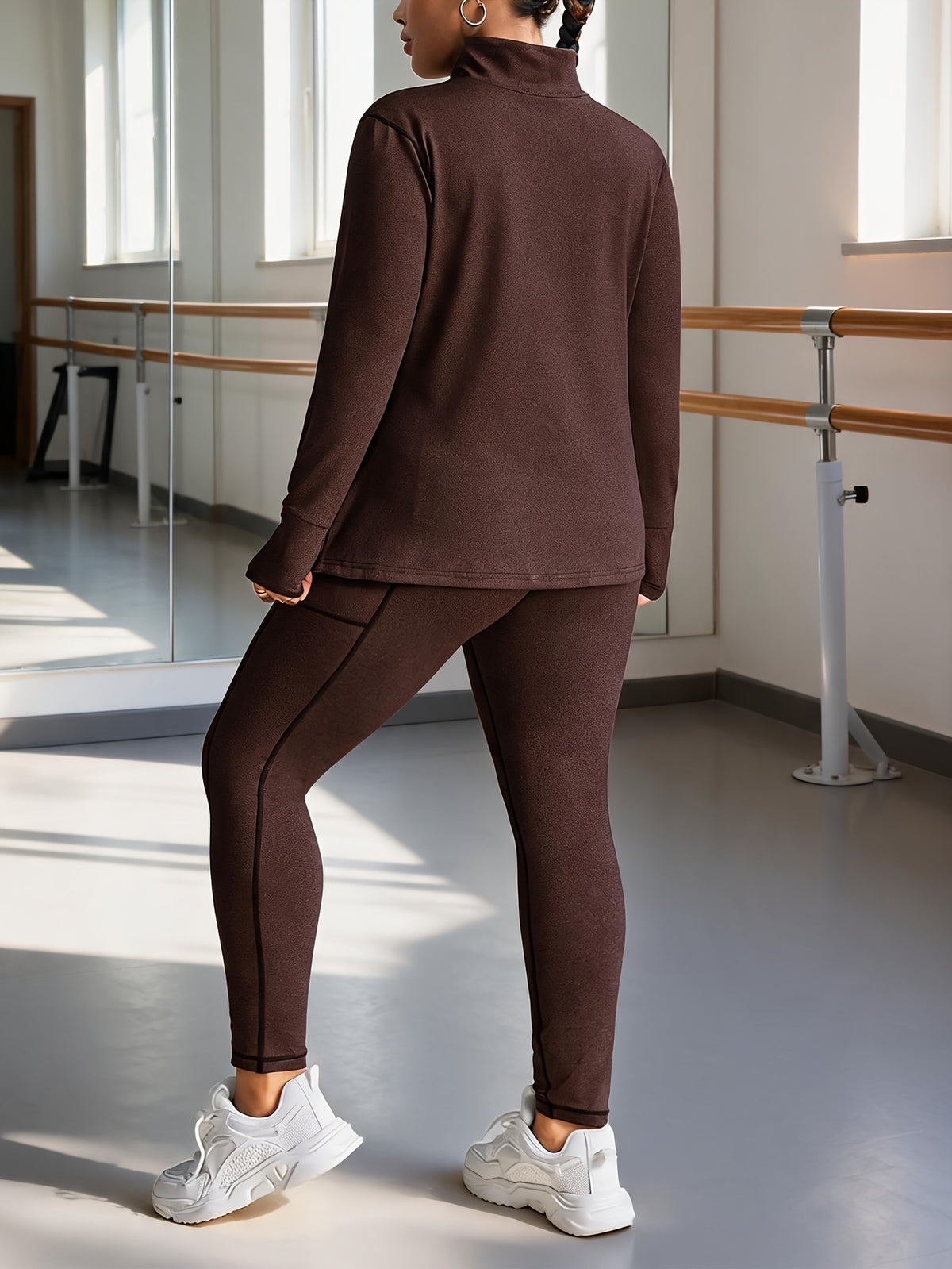 Plus Size Women's Tracksuit (Jacket + Leggings) | Zipper Pockets, Stand Collar, Contrast Stitching | Casual Yoga, Fashion Streetwear, Outdoor Running, Sports, Tennis, Golf, Commute | Elegant, Gift Idea - Coffee Color