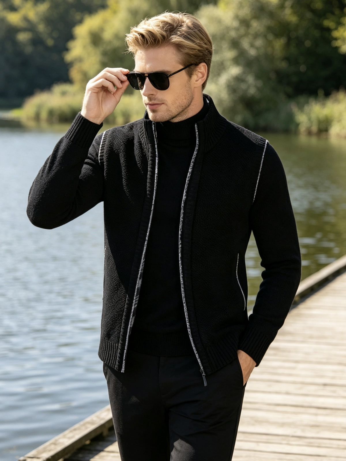 Men'S Stand Collar Zip-Up Vest, Thick Warm Sleeveless Sweater Waistcoat Gilet, Casual Fall Winter Outerwear Sleeveless Cardigan for Daily Commute Outdoor Street Wear - Black