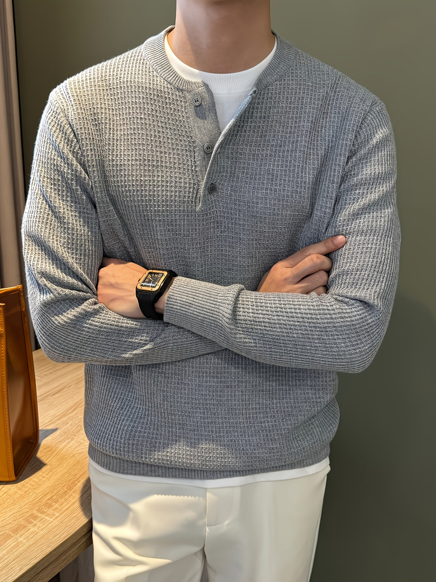 Waffle Knit Soft and Skin-Friendly Lazy Style Men's Henley Neck Pullover Base Layer Sweater - Advanced Gray