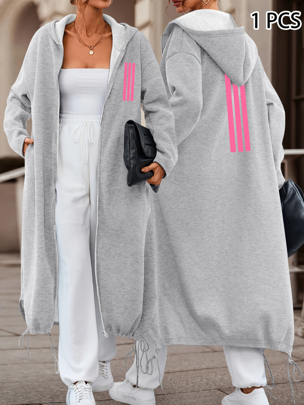 Autumn/Winter Women's Casual Fashion Long Hooded Jacket with Front and Back Print, Pink Three Vertical Stripes Decorative Pattern, Comfortable and Relaxed for Daily Commuting and Multiple Scenarios - Grey