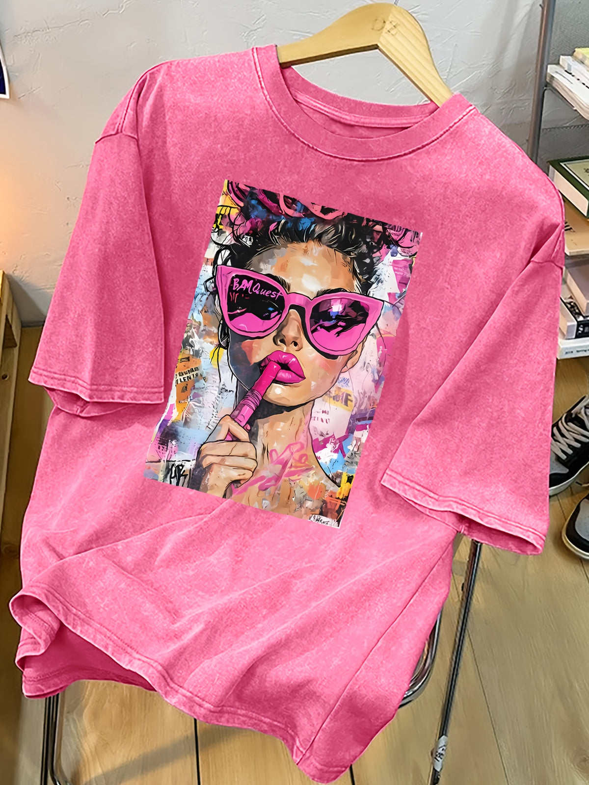 Women's Washed T-shirtVintage Washed Women's T-Shirt with Bold Pop Art Print, Perfect for Casual Outings or Home Relaxation, Lightweight and Durable Blend, Stylish Statement Piece for Everyday WearWomen's Top Tee - Pink