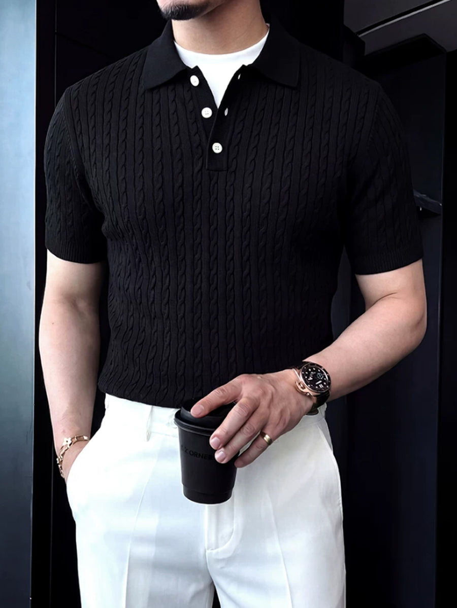 Men's Old Money Style Twisted Cable Vertical Stripe Thin Knit Short Sleeve Business Casual Solid Color Lapel Versatile T-shirt - Black