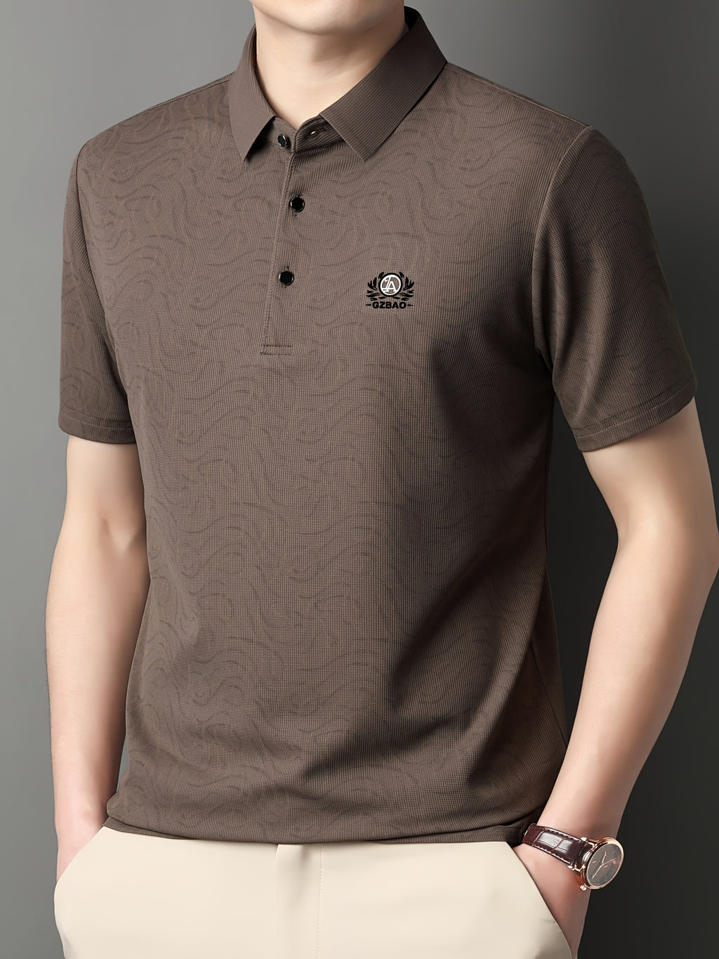 [Saa Xing OBM] 1pc Spring/Autumn New Men'S Polo Shirt, Old Money Style Textured Contrast Print Half-Button Collar Short Sleeve T-Shirt, Fashionable And Versatile Pullover Base Layer Top, Suitable for Spring, Summer, Autumn Wear, Fits Daily Casual - Coffee Color