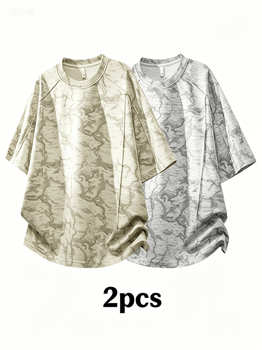 2pcs Summer New Short-Sleeved T-Shirt Men'S Round Neck Loose Ice Fiber Fabric T-Shirt Tie-Dye Gradient Pullover - Apricot Light Gray