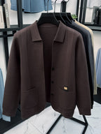Men's Lapel Knit Cardigan in Multiple Autumn Colors, Vertical Rib-knit Texture, Single-breasted Design, Loose and Versatile, Skin-friendly and Breathable, Suitable for Business Commuting, Daily Outings, Social Gatherings, and Casual Home Wear - Coffee Color