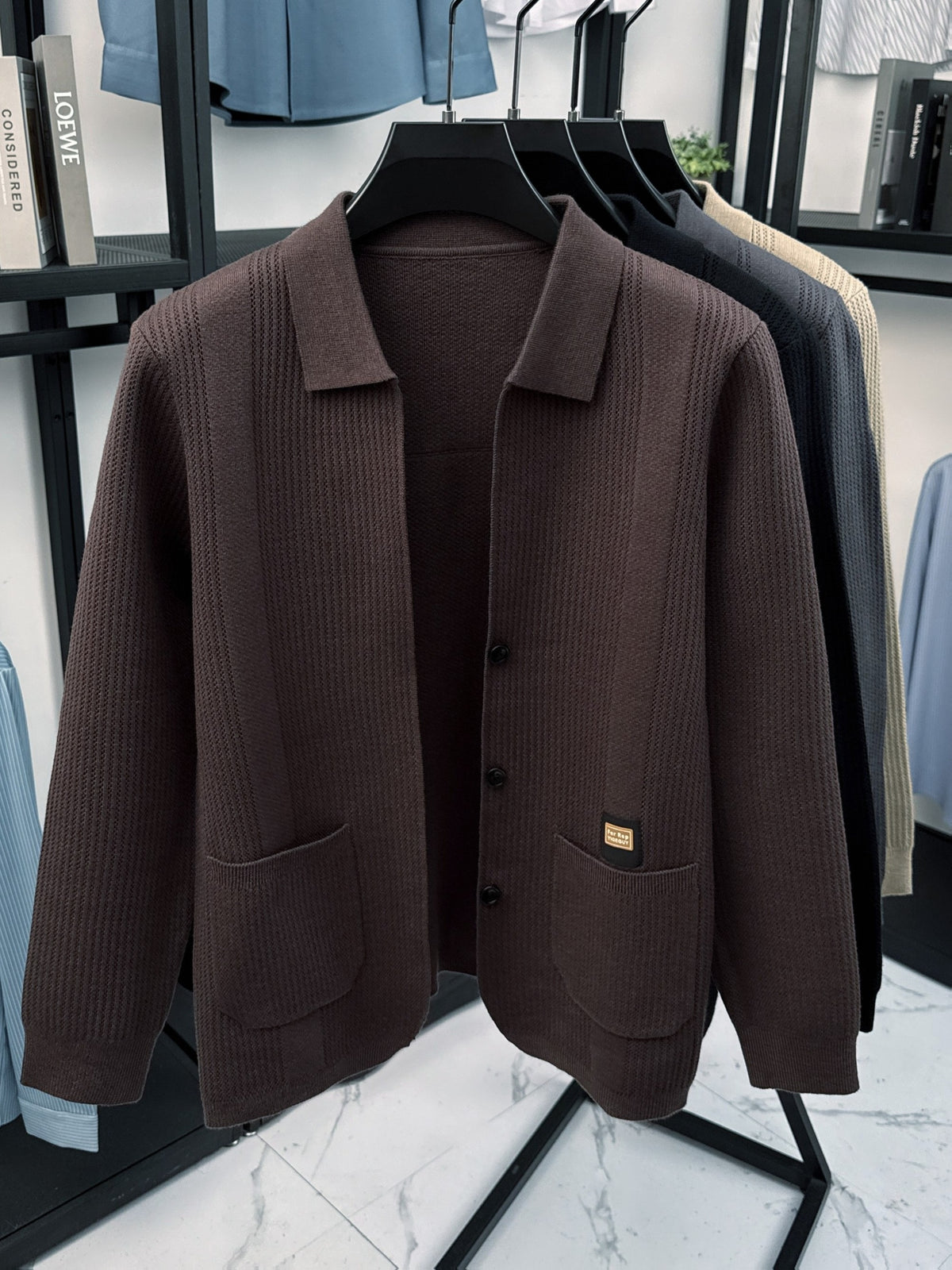 Men's Lapel Knit Cardigan in Multiple Autumn Colors, Vertical Rib-knit Texture, Single-breasted Design, Loose and Versatile, Skin-friendly and Breathable, Suitable for Business Commuting, Daily Outings, Social Gatherings, and Casual Home Wear - Coffee Color