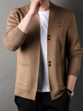 [Wading Whale OBM] Spring/Summer New Men'S Knit Cardigan, Old Money Style Solid Color V-Neck Long Sleeve Open Front Sweater with Single Button Closure And Ribbed Texture, Side Pockets And Chest Embroidery Design - ginger-colored