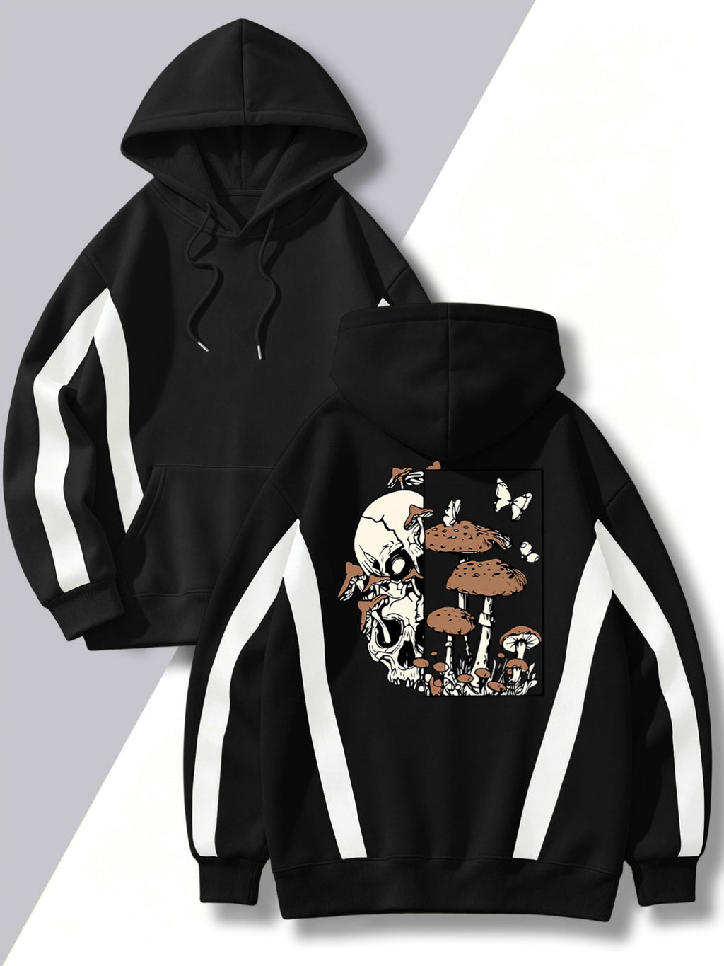 4pcs Set: Autumn/Winter Men's Pullover Hooded Sweatshirt with Diagonal Contrast Color Line Cut on Sleeves, Street Style Top. Features Adjustable Drawstring and Large Kangaroo Pocket for Storing Phones and Small Items. Made of Skin-Friendly - Black + Black + Black + Black