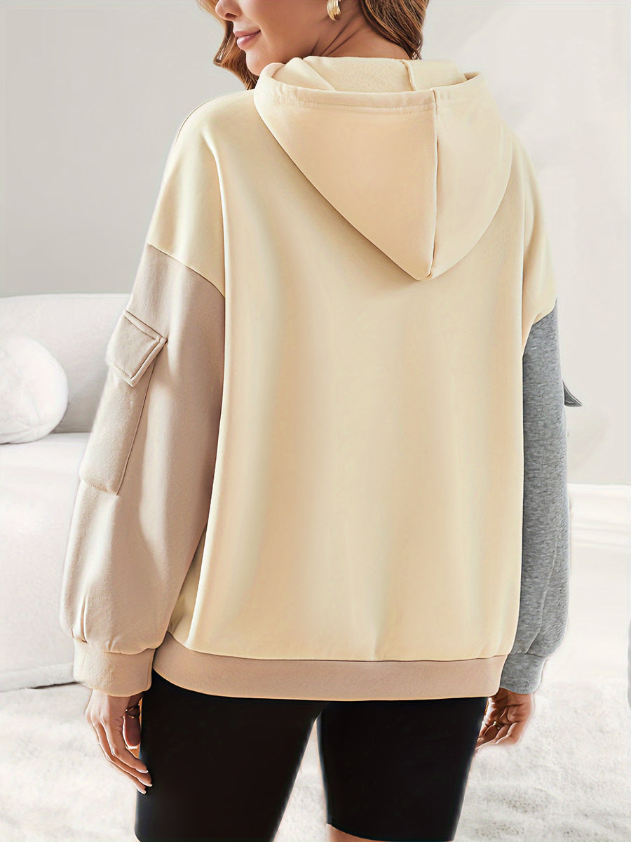 Color Block Fleece Loose Hooded Drawstring Sweatshirt with Pocket on The Arm - Khaki