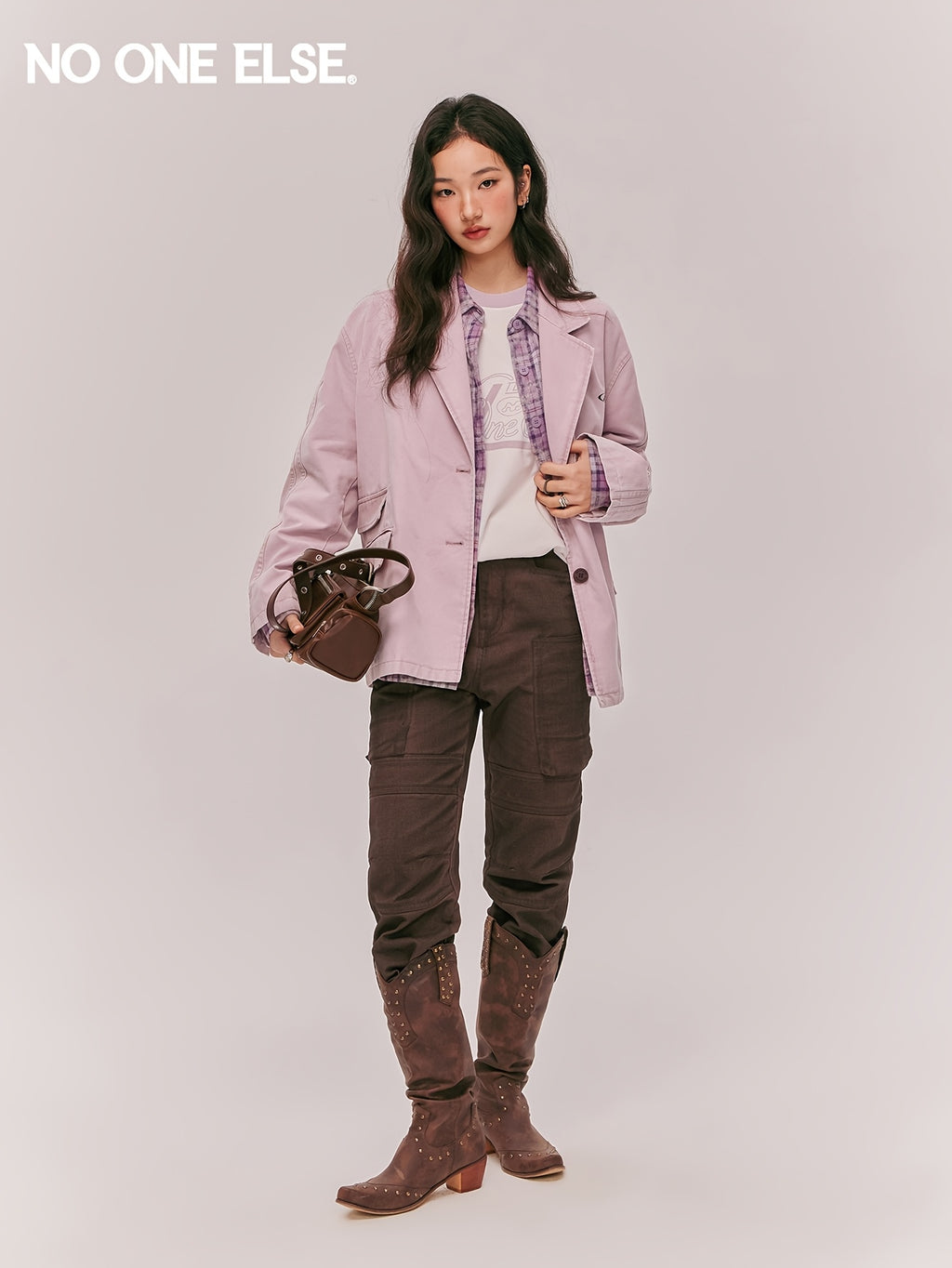 NO ONE ELSE Letter Print Blazer for Women, 2026 Spring New Arrival, Loose Fit Long Sleeve Casual Suit Jacket - gray pink