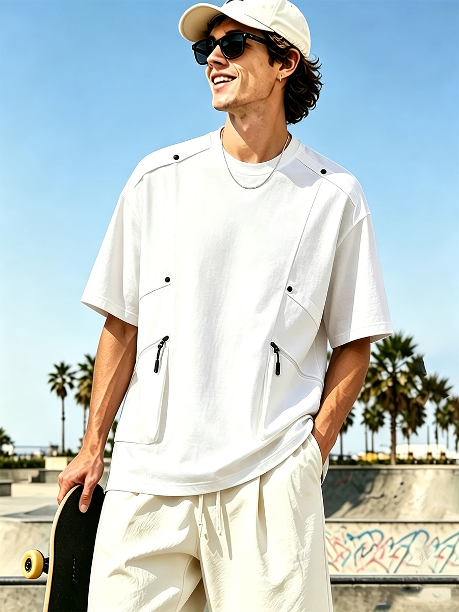 [Qiaoximei OBM] 2026 Summer New Men'S High-Quality Multi-Pocket Versatile Round Neck Short T-Shirt - Fashionable Street Beach Party Energetic Sports Men'S Trendy Loose Special Short Sleeve T-Shirt - White