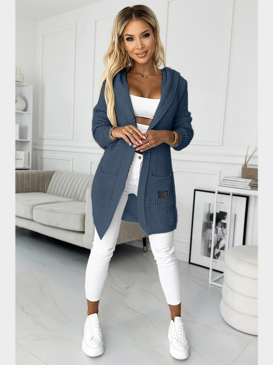 New Women's Autumn/Winter Solid Color Long Sleeve Mid-Length Hooded Pocket Simple Casual Fashion Versatile Daily Wear Sweater Cardigan Jacket - Navy Color