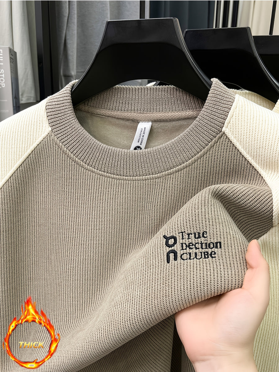 Men'S Color-Block Fleece Sweater Autumn Winter Thick Warm Knit Round Neck Pullover - Khaki