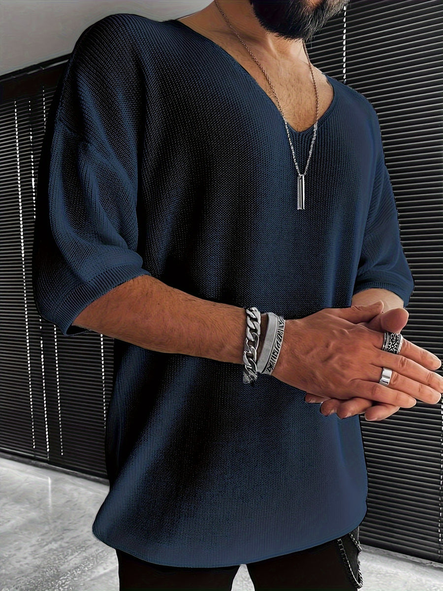 Men'S Loose-Fitting Short-Sleeve Pullover with a V-Neck And Dropped Shoulders, Knit - Navy Color