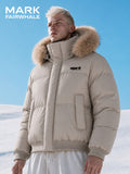 MARK FAIRWHALE Detachable Faux Fur Collar Mock Jacket, Winter Thickened Warm Coat, Small Logo Loose Casual Men'S Outerwear - Coffee Color