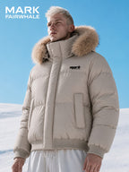 MARK FAIRWHALE Detachable Faux Fur Collar Mock Jacket, Winter Thickened Warm Coat, Small Logo Loose Casual Men'S Outerwear - Coffee Color