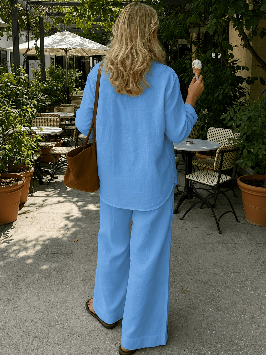 Old Money Style Women'S Pure Elegant Outfit, Suitable for Spring/Summer And Holidays | 2pcs Casual Set, Shirt And Wide-Leg Pants - Deep Sky Blue