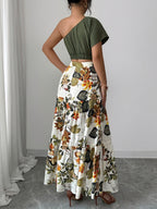 Bohemian Style Women'S Asymmetrical Neckline Short Top, with Raglan Short Sleeves And Ruffled Hem Skirt Two-Piece Set, Floral Pattern, Multicolor Fabric, Camouflage Search - Polychrome