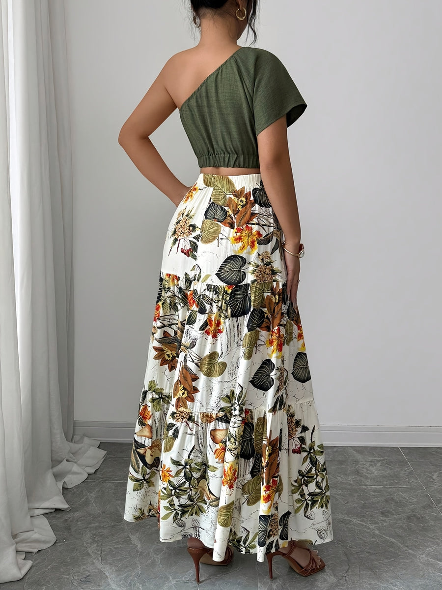Bohemian Style Women'S Asymmetrical Neckline Short Top, with Raglan Short Sleeves And Ruffled Hem Skirt Two-Piece Set, Floral Pattern, Multicolor Fabric, Camouflage Search - Polychrome