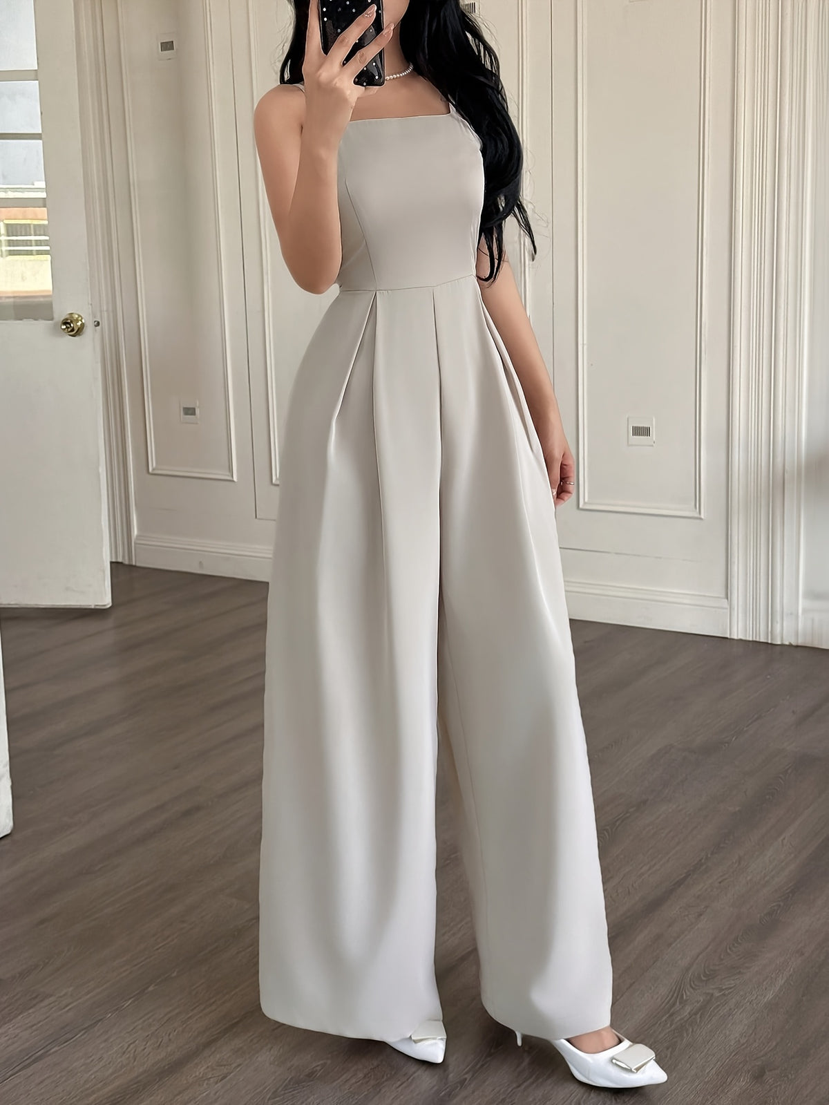 Wide-Leg Loose Solid Color with Ruched Design, Suitable for Summer Women'S Casual Wear - Apricot