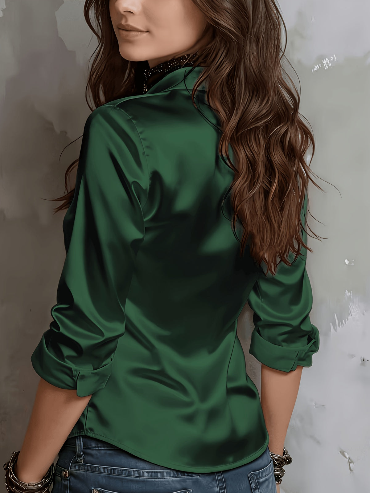 Women'S All-Season Temperament Commuter Satin Shirt - Dark Green