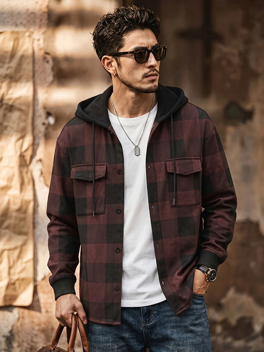 Men's Vintage Plaid Jacket, Men's Casual -Lined Shirt Jacket, Single-Breasted with Hood, Long Sleeve Outerwear, Men's Top, New Spring/Autumn Men's Outerwear - Red