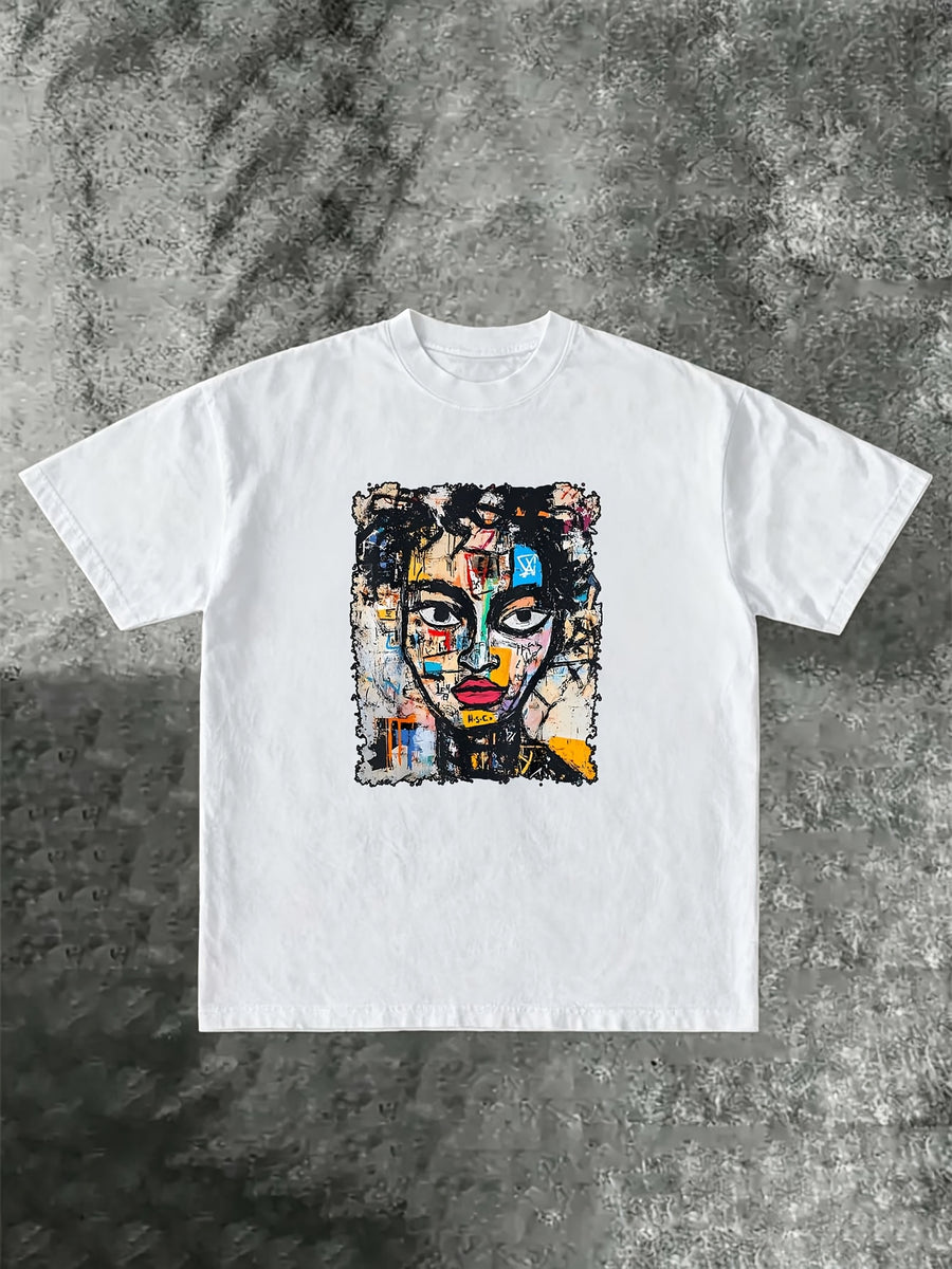 1990S Art Style Abstract Graffiti T-Shirt, Unisex, Men'S Soft Round Neck Pure T-Shirt, Street Trendy Casual Half Sleeve Top, Summer Casual Commuting - White