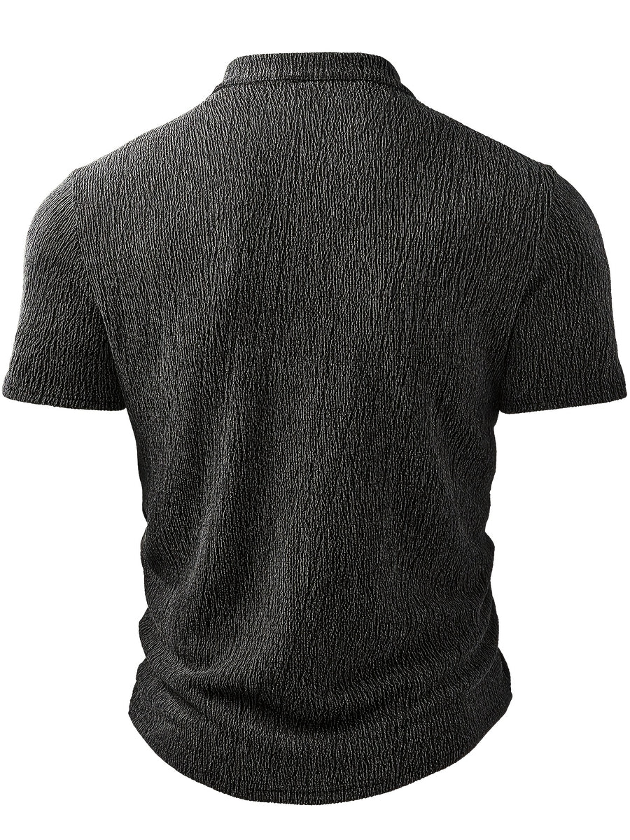 Men's Fashion Top, Spring/Summer Outdoor Casual Refreshing Crinkle Fabric, Round Neck Single-Breasted Button Pocket Patchwork Short Sleeve Men's Henley Shirt - Dark Gray