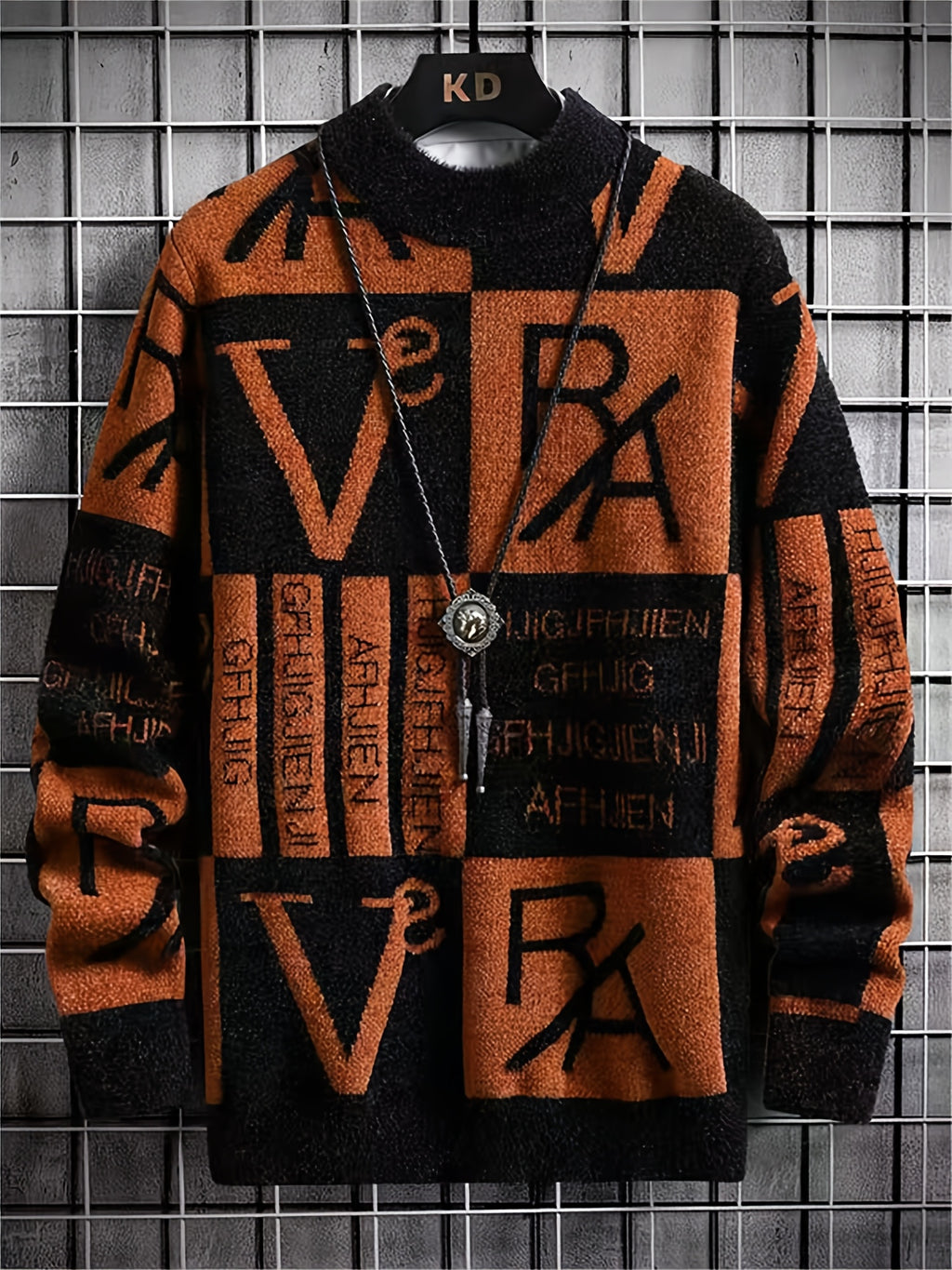 [Maiqiqi Obm]New Autumn And Winter Men'S Knitted Pullover, Round Neck Letter Patchwork Knit Sweater, Featuring a Unique Combination of Letters And Text Elements, Creating a Distinct Street Fashion Vibe And a Casual Stylish Atmosphere - Orange-Red