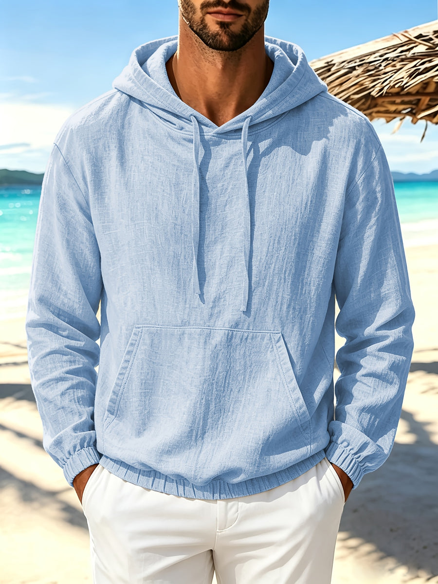 Men'S Spring Autumn New Thin Solid Linen Lightweight Hooded Sweatshirt Casual Commute Outing Fitness Party Street Fashion Athletic Casual Large Pocket Long Sleeve Hooded Top - Sky Blue