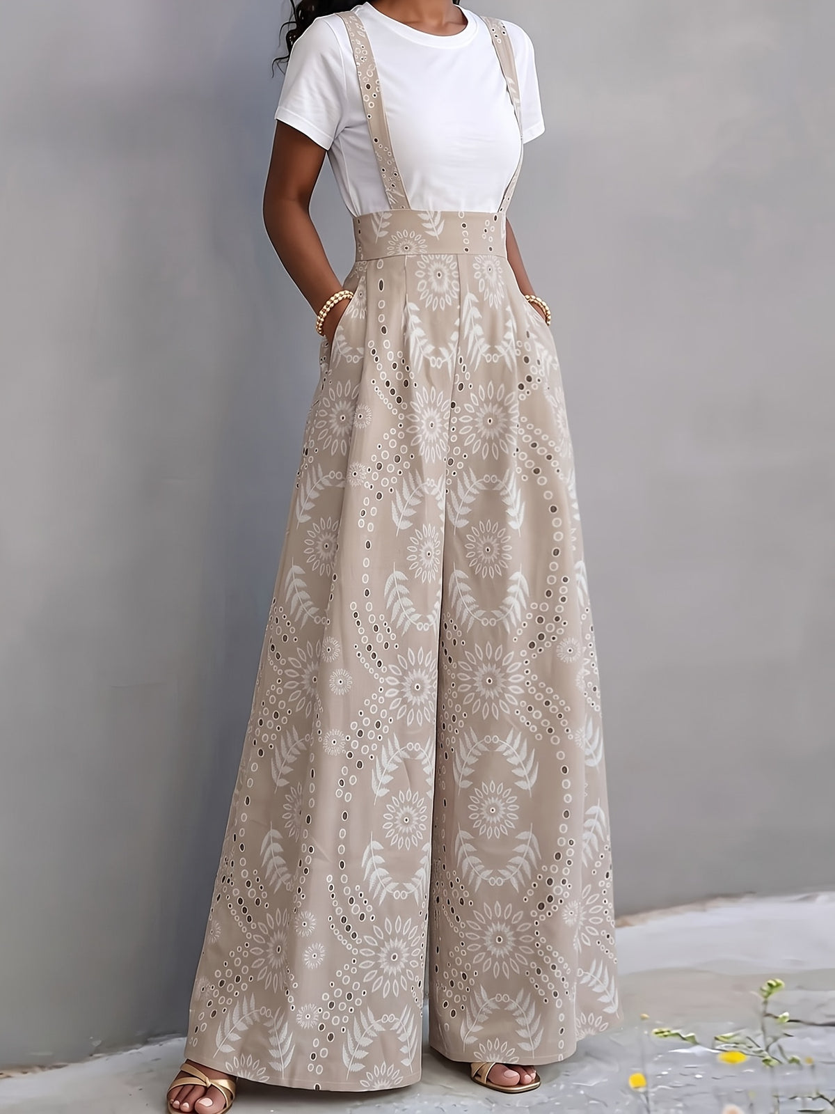 New 2026 Spring/Summer Ethnic Floral Print High-Waist Suspender Wide-Leg Pants for Women. Features a Built-in Back Zipper for a Loose, Figure-flattering Fit. Includes a Hidden Side Waist Zipper and Practical Side Pockets for Storing Small Items. - Khaki