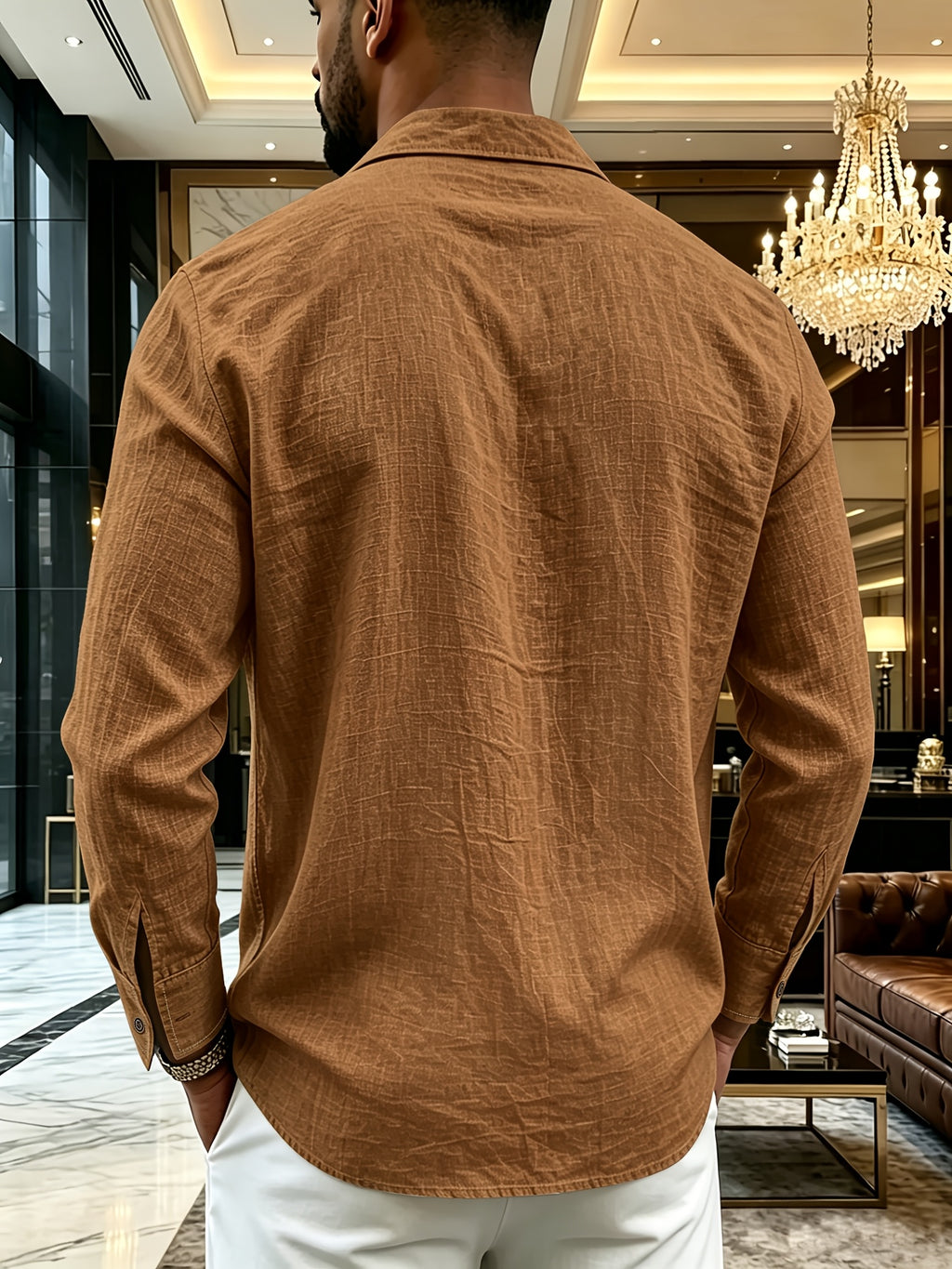 Men's Henley Shirt in Linen with Long Sleeves, Featuring Comfortable and Breathable Fabric with Trendy Printed Designs. Suitable for Daily Outings, Outdoor Sports, Travel, and Vacations. Lightweight and Breathable with a Regular Fit, Chest Pocket - Light Brown-1