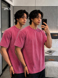 Heavyweight Washed Cotton 2pcs Unisex Couple's Set, 100% Pure Cotton Loose-Fit Solid Color T-Shirt, Casual Short Sleeve Crew Neck Tee, Summer Outdoor Men's Apparel - Style1