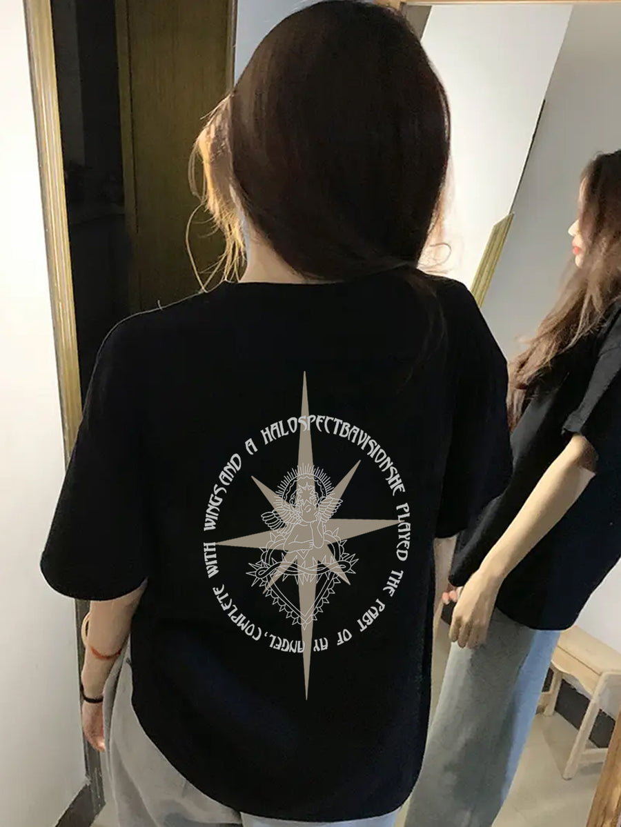 Women'S Black Angel Letter Print T-Shirt - Loose Fit, Casual Short Sleeve, Lightweight, Round Neck, Spring/Summer Essential - Black