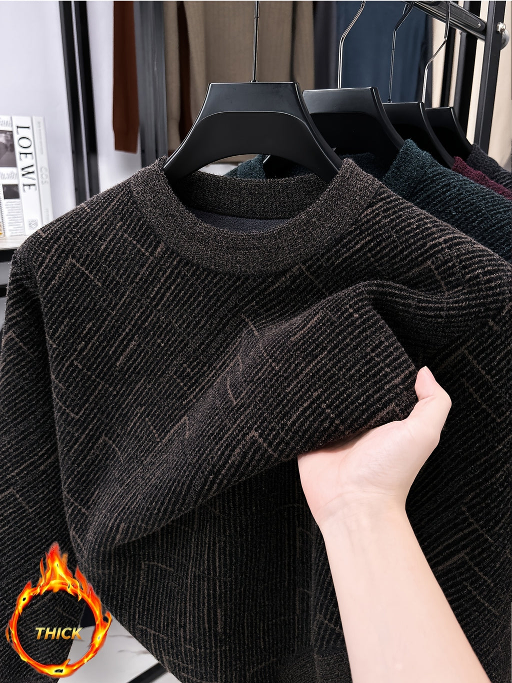 Men'S Semi-High Neck Sweater Autumn Winter Fleece Thick Warm Knitwear Middle-Aged Jacquard Pullover Base Layer - Coffee Color