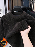 Men'S Semi-High Neck Sweater Autumn Winter Fleece Thick Warm Knitwear Middle-Aged Jacquard Pullover Base Layer - Coffee Color