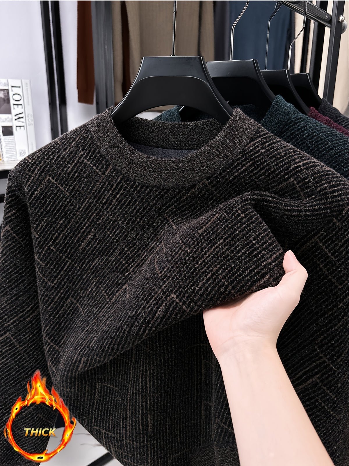 Men'S Semi-High Neck Sweater Autumn Winter Fleece Thick Warm Knitwear Middle-Aged Jacquard Pullover Base Layer - Coffee Color