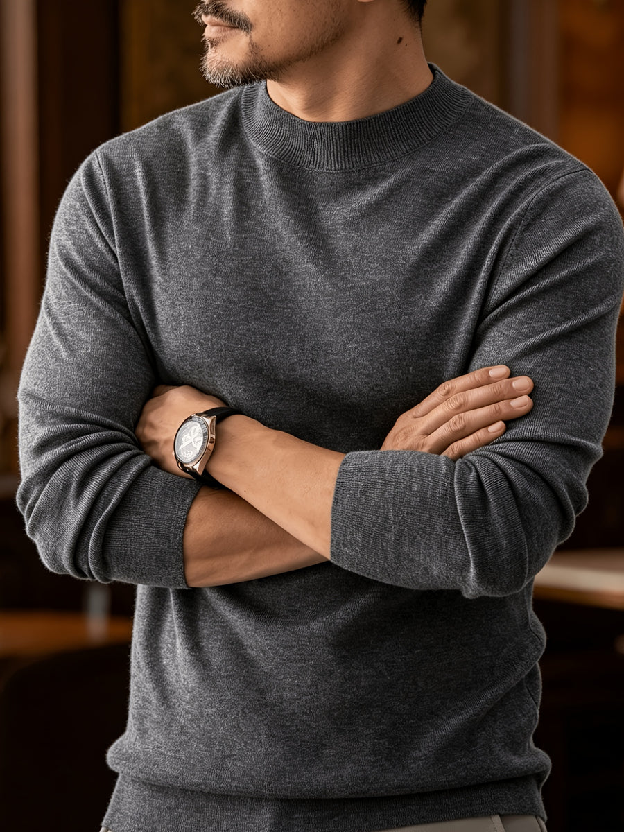 Autumn And Winter New High-End Slim Fit Half-High Collar Knit Long-Sleeve Top Suitable for Mature Men for Commuting, Business / Weekend Casual / Light Business Gatherings, Long-Sleeve Sweater, Mid-Aged Men'S Versatile Long-Sleeve Knit Sweater - Light Grey