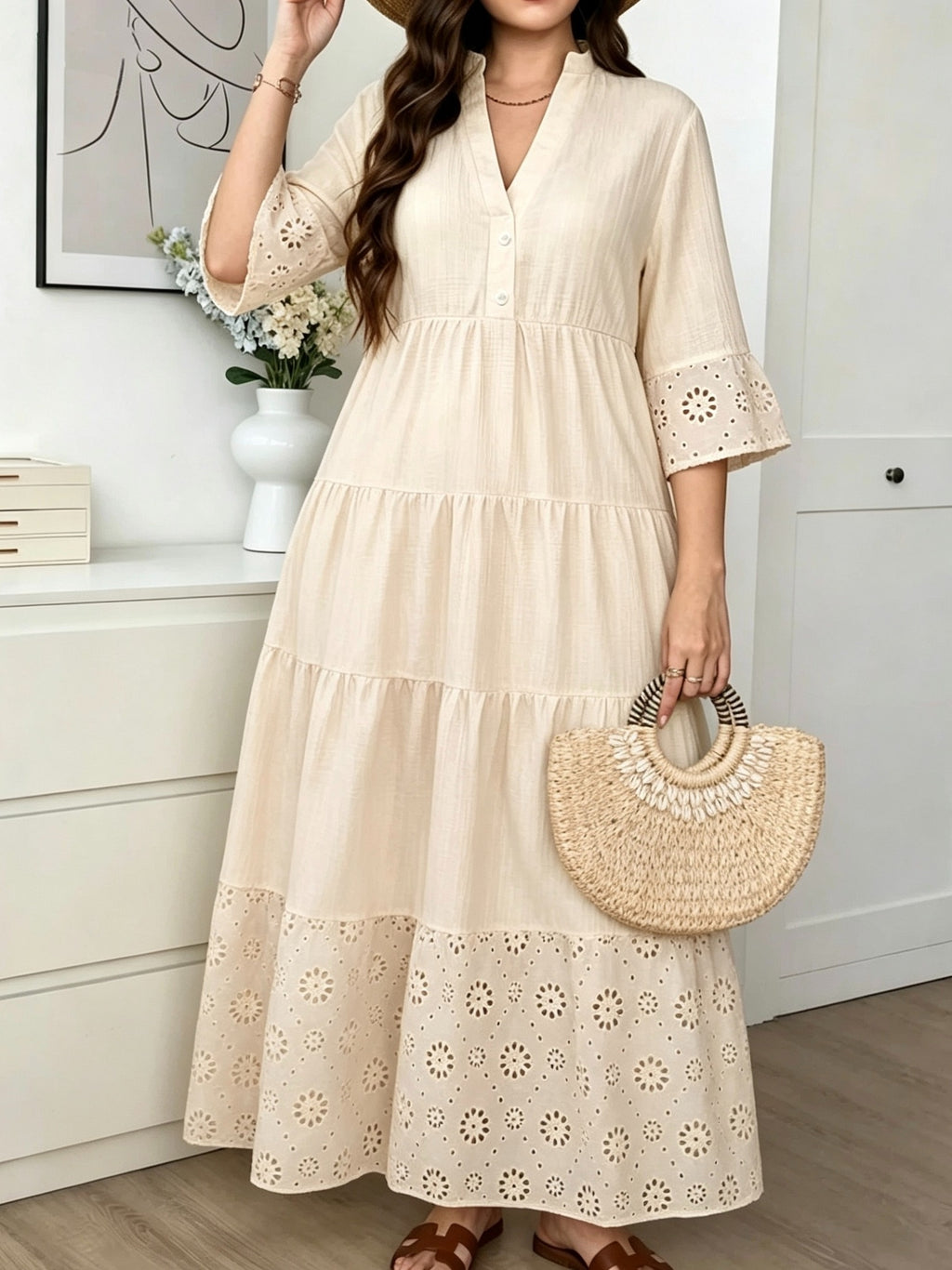 Plus Size - Yellow V-Neck Hollow-Out Embroidered Dress, Plus Size Women'S Stand-Up Collar Sleeve And Hem Hollow Design, Loose Vacation Style Long Dress - Apricot