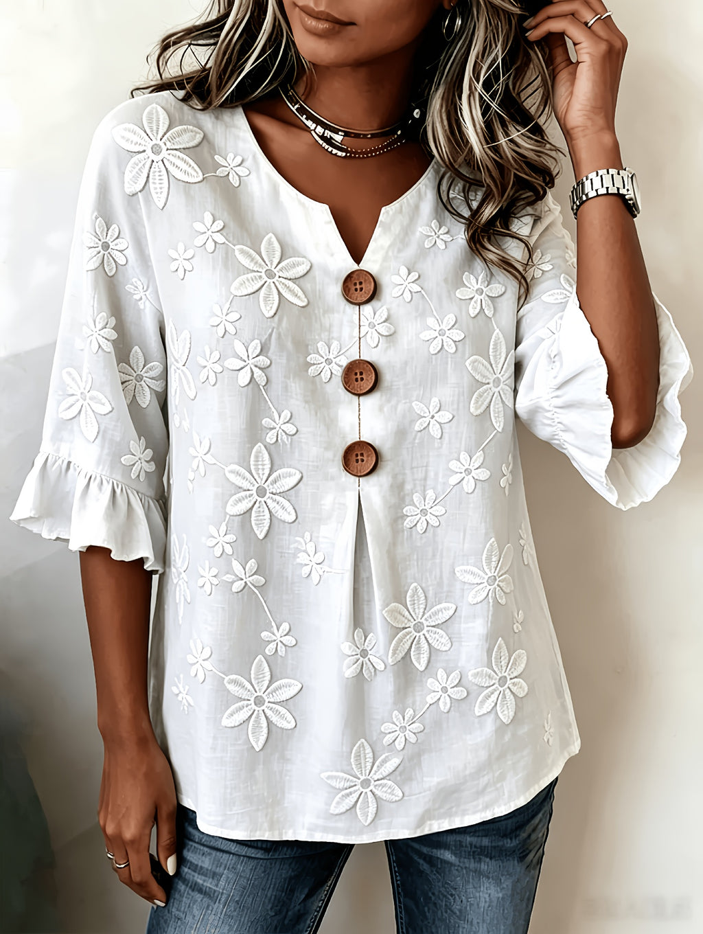 Women's Floral V-Neck Notched Hem Embroidered Commuting Daily Summer Pretty Blouse - White