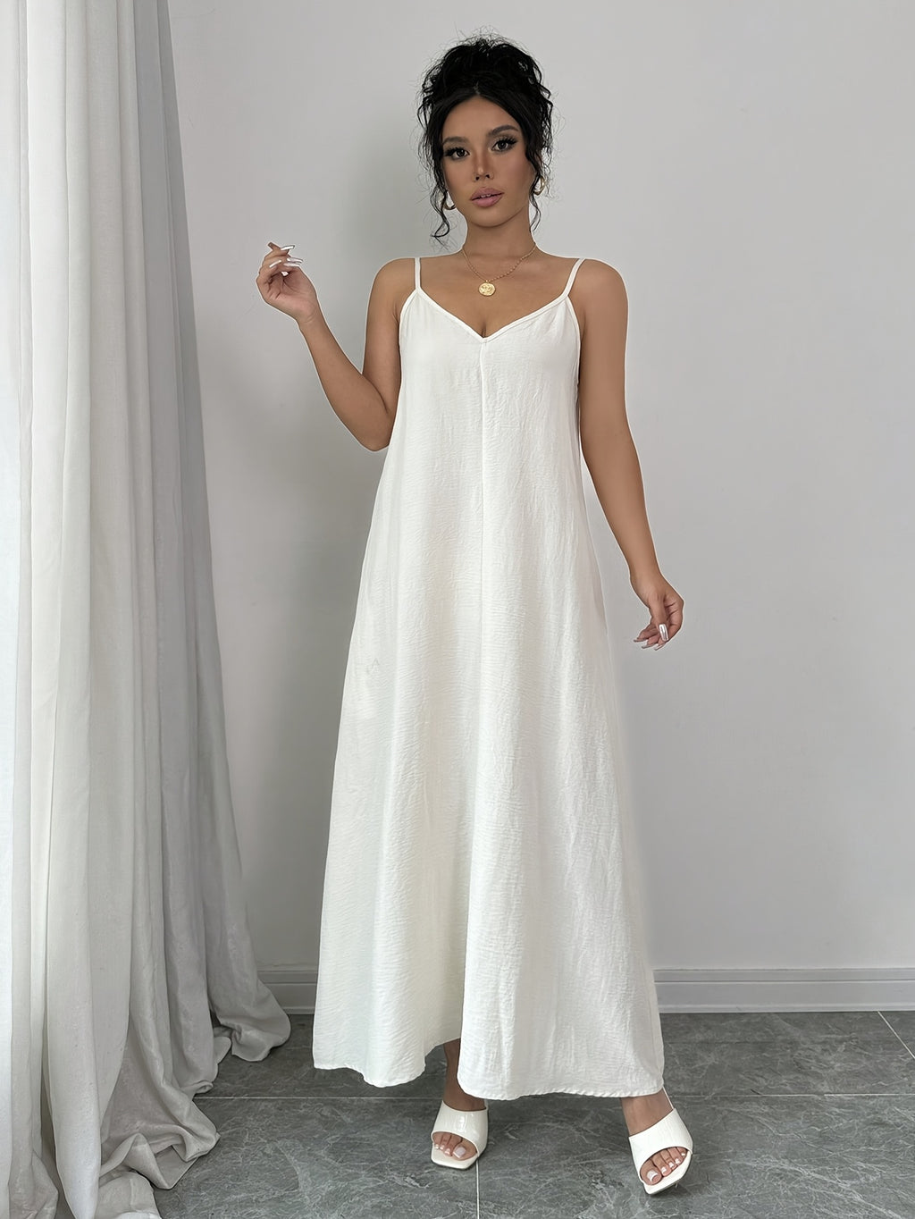 1pc White V-Neck Long Sleeve Maxi Dress, Solid Color Summer Casual Cami Dress - White