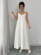 1pc White V-Neck Long Sleeve Maxi Dress, Solid Color Summer Casual Cami Dress - White