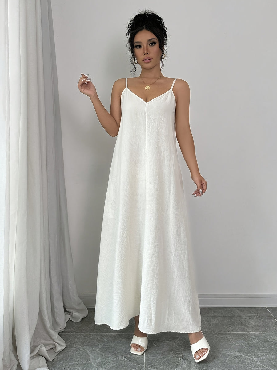 1pc White V-Neck Long Sleeve Maxi Dress, Solid Color Summer Casual Cami Dress - White