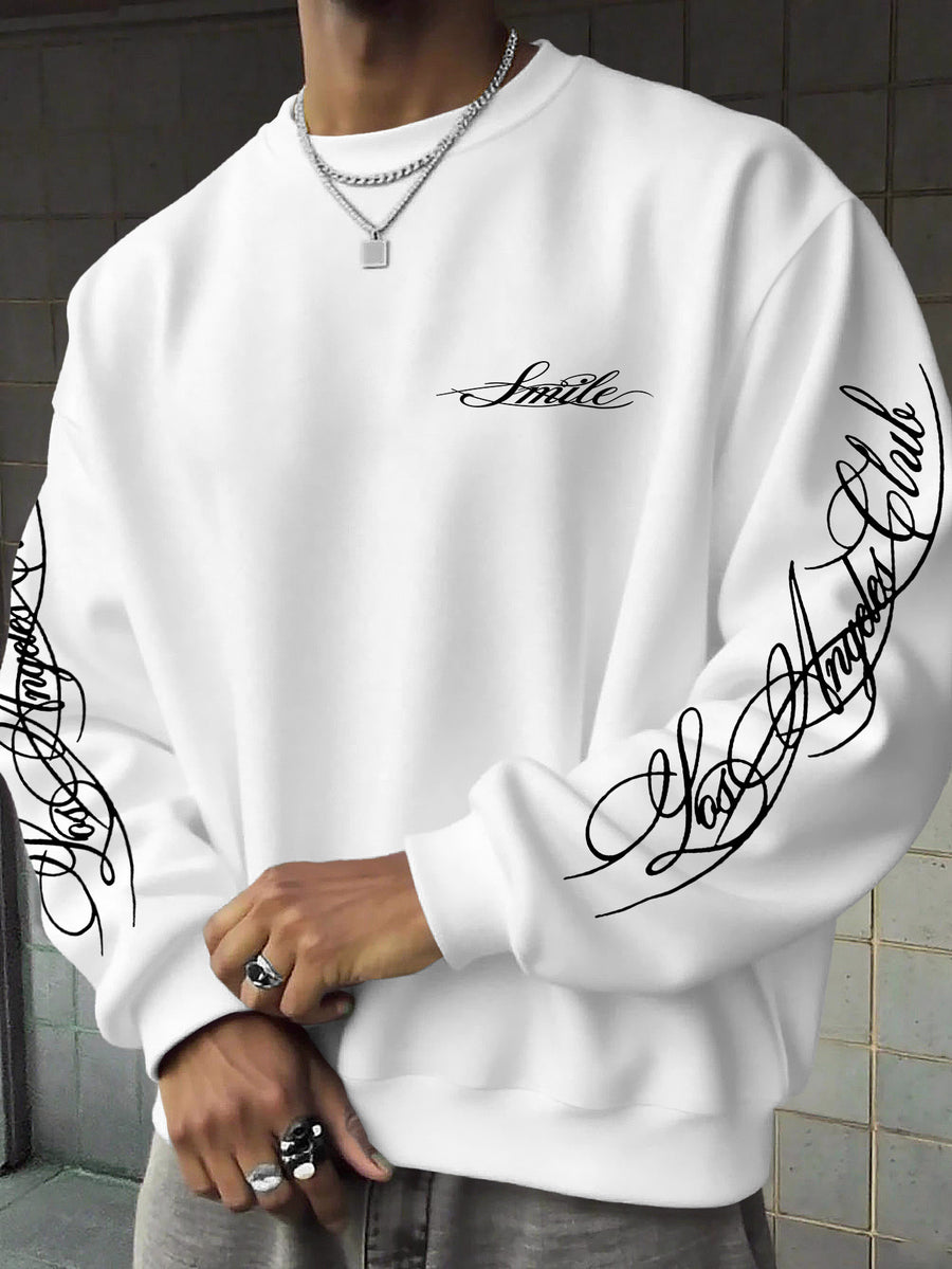Men's Street-Style Cool Fashion Crewneck Sweatshirt with Smooth Handwritten Font Print, for Daily Casual Trendy Wear - White