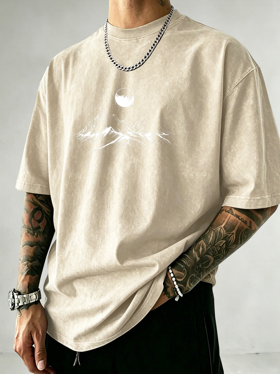 Men's Heavyweight Short Sleeve Washed Vintage Fashion Print Retro Acid Wash Distressed Design Street Trendy Breathable Heavyweight Fabric Hip Hop Gym Athletic Tee 2026 Summer - Apricot