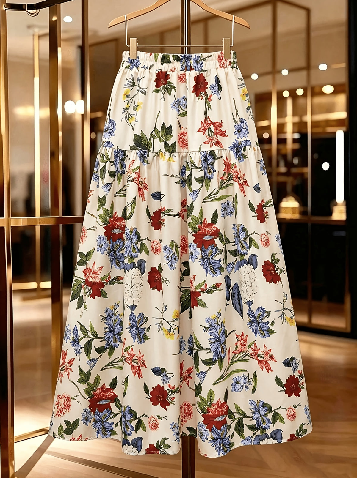 Women'S Multicolor Printed Elastic Waist Tiered Long Skirt, Beige, Spring Summer Fall Style, Bohemian Aesthetic, Picnic And Vacation Wear, Elegant Choice, Street Photography, Teacher Outfit - Flower