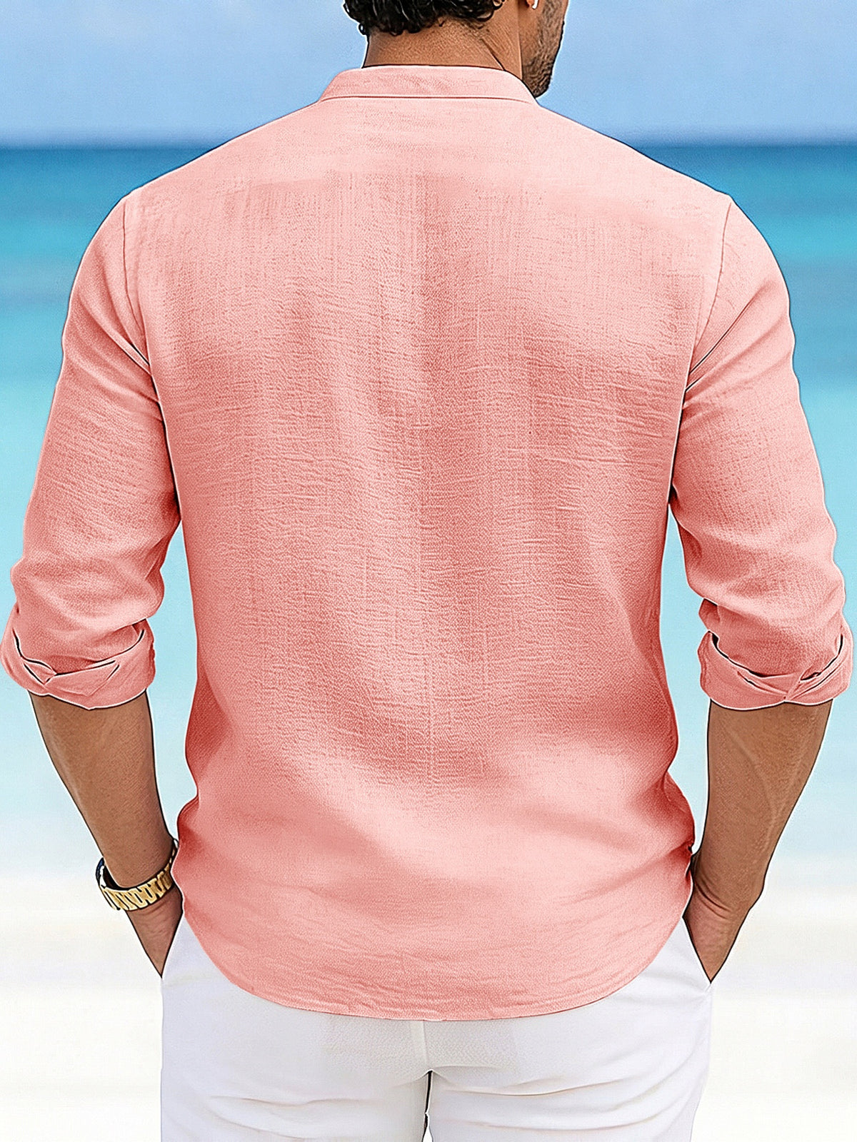 Men'S Autumn Winter New Solid Color Linen-Like Shirt, Roman Letter Print Pattern, Casual Commute Easy Versatile Stand Collar Button-Up Cardigan, Leisure Sports Street Trendy Fashion Business Outing Entertainment Party Old Money Style Outfit - Pink Color