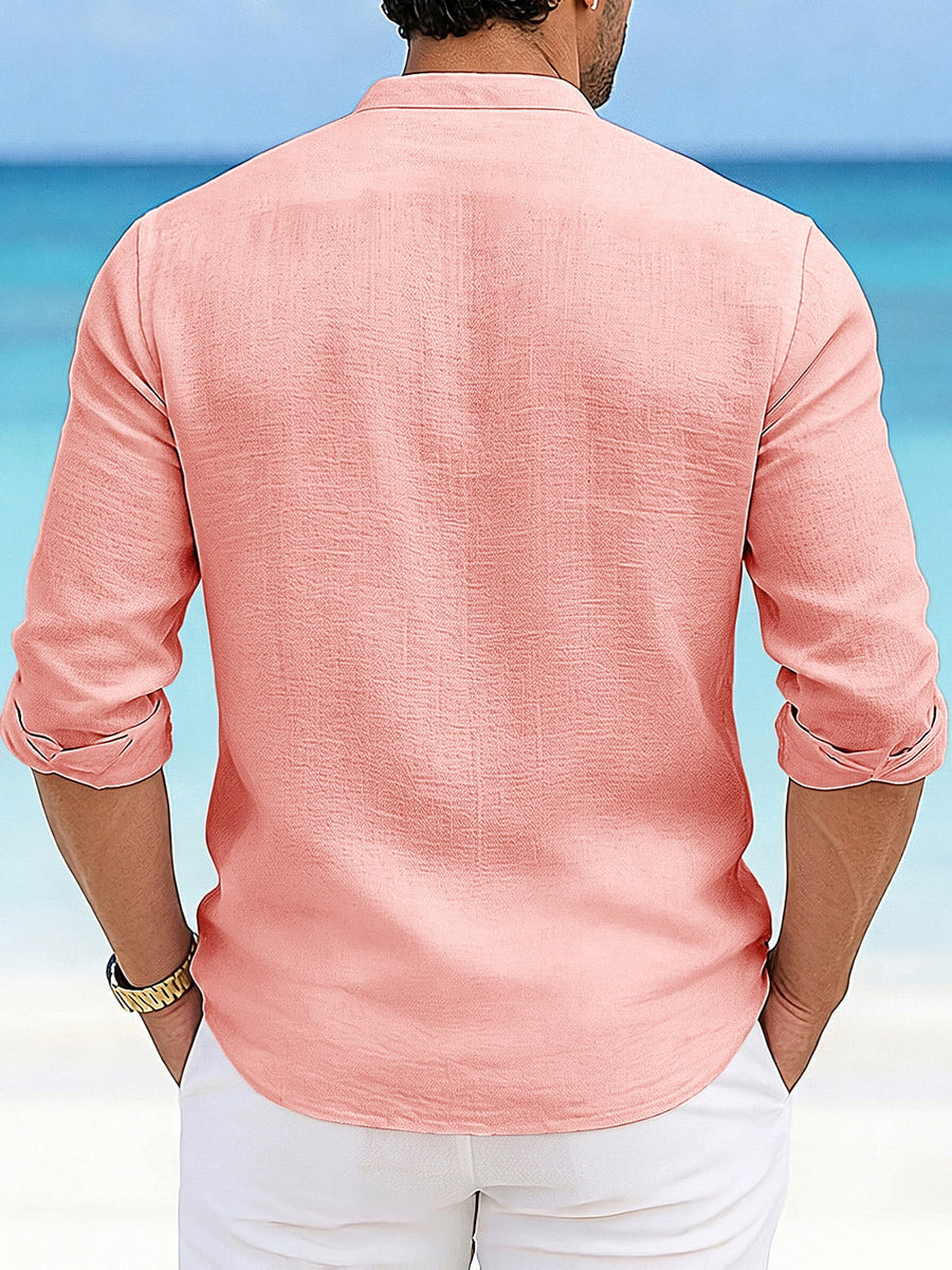 Men'S Autumn Winter New Solid Color Linen-Like Shirt, Roman Letter Print Pattern, Casual Commute Easy Versatile Stand Collar Button-Up Cardigan, Leisure Sports Street Trendy Fashion Business Outing Entertainment Party Old Money Style Outfit - Pink Color