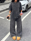 Women'S Vintage Distressed Washed 2pcs Set, Loose Distressed T-Shirt And Wide-Leg Pants Outfit, Y2K Street Style Casual Home Wear, Comfortable Casual Athletic Suit - Black+black